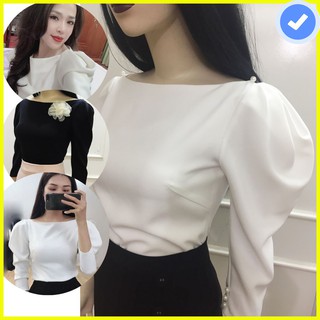 Áo trắng tay bồng💖phom ôm💖Áo trắng cổ thuyền nữ tay lửng sang chảnh