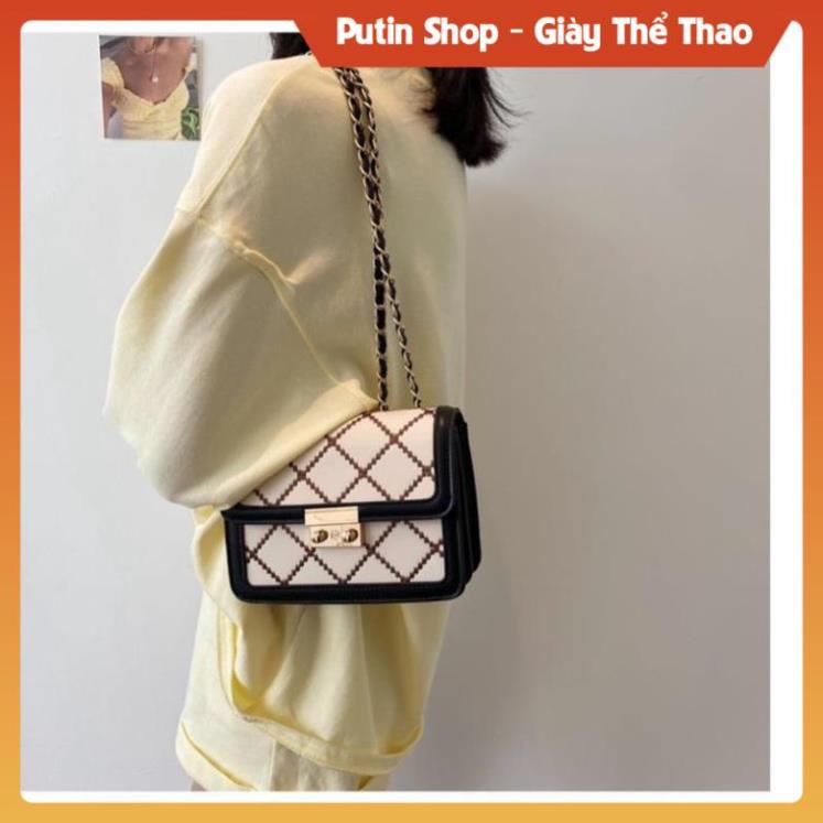 Túi xách đeo chéo nữ 3 ngăn kẻ caro siêu xinh, Túi Sách đeo vai màu trắng kem dây da luồn xích phong cách Hàn