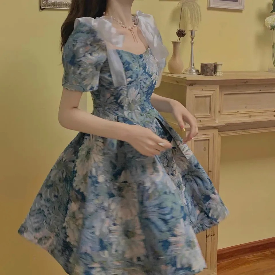 [MURIOKI] Đầm Chữ A Cổ Vuông Họa Tiết Tranh Sơn Dầu Ngọt Ngào Cho Nữ