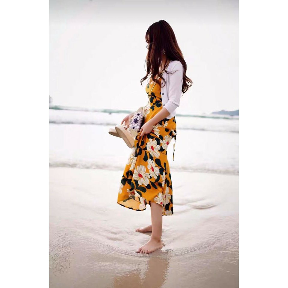 váy maxi hoa vàng đan lưng sexy xinh xắn