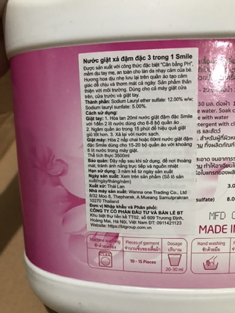 Nước Giặt Xả Đậm Đặc Smile Thái Lan 3.5L