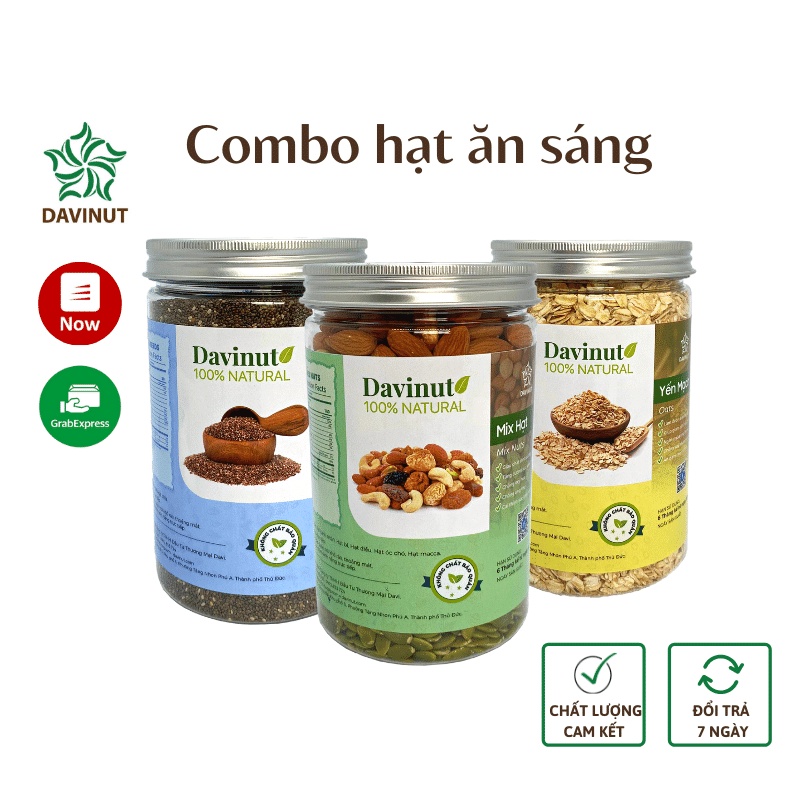 Combo mix các loại hạt ăn kiêng Davinut gồm yến mạch cán dẹt, hạt chia giảm cân, ngũ cốc mix hạt dinh dưỡng 5 loại