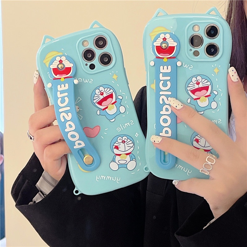 Ốp điện thoại kiểu tai mèo Doremon có dây đeo tay cho IPhone 12 11 12promax 7Plus X Xs Max XR 7 8 SE2020