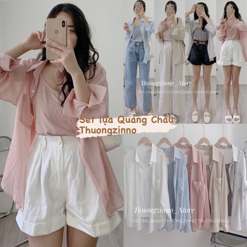 [Hàng chất lượng]Set sơ mi kèm áo hai dây”Decheeep” chất tơ xước mềm loại 1 Set áo khoác kèm áo 2 dây hàng Quảng Châu