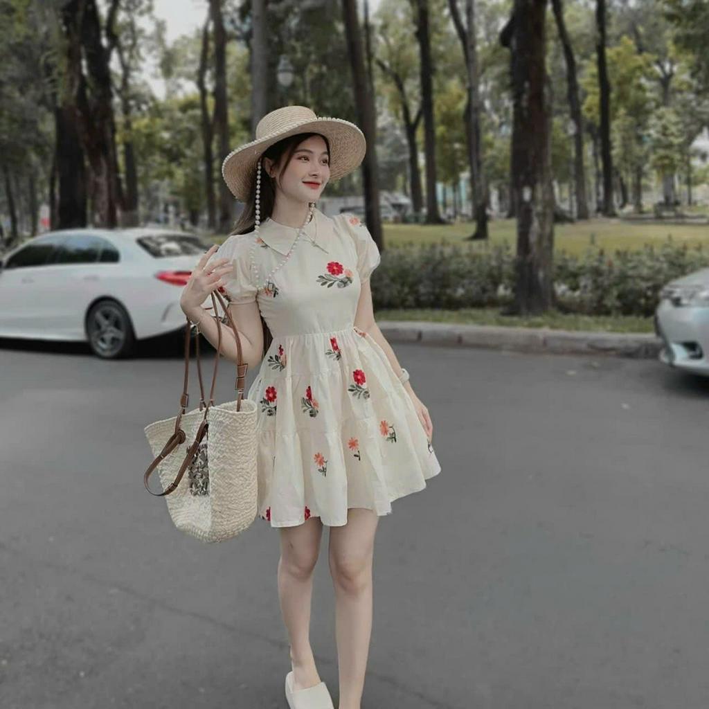 Đầm babydoll hoa dáng xòe, đầm váy thiết kế cổ sen chất lụa cao cấp hàng đẹp may full 2 lớp thời trang nữ Minh Phúc