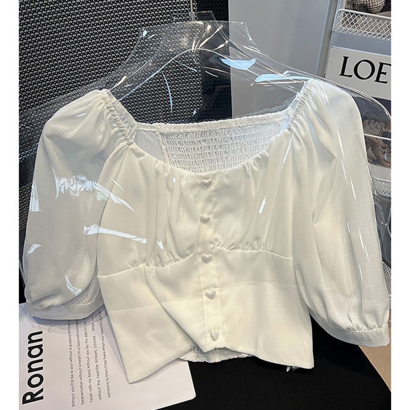 Áo Sơ Mi Tay Ngắn Phồng Cổ Vuông Màu Trắng Thiết Kế Không Đồng Đều Thời Trang Mùa Hè Mới Cho Nữ