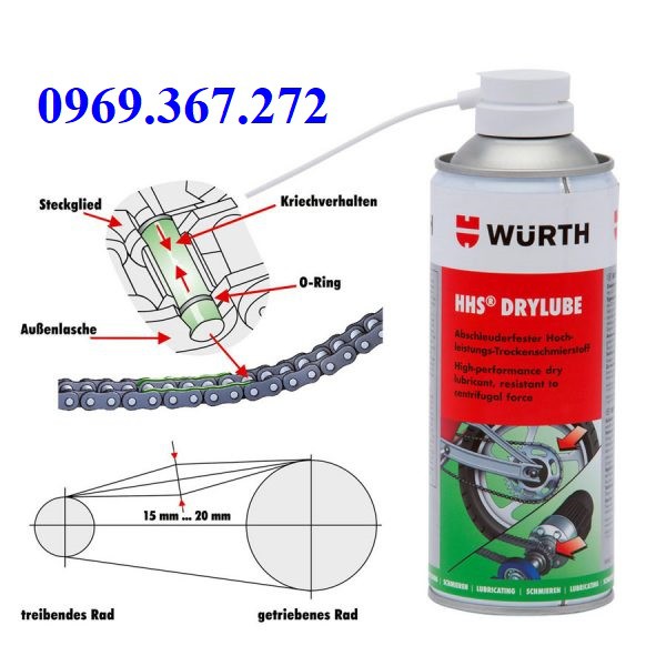 Mỡ bò khô xịt bôi trơn sên xích Môtô Wurth 09831066- 400ml