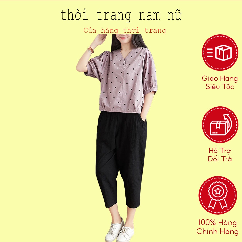 Bộ Đồ Chấm Bi Dáng Chuẩn Chất Liệu Đũi Hàn Cao Cấp