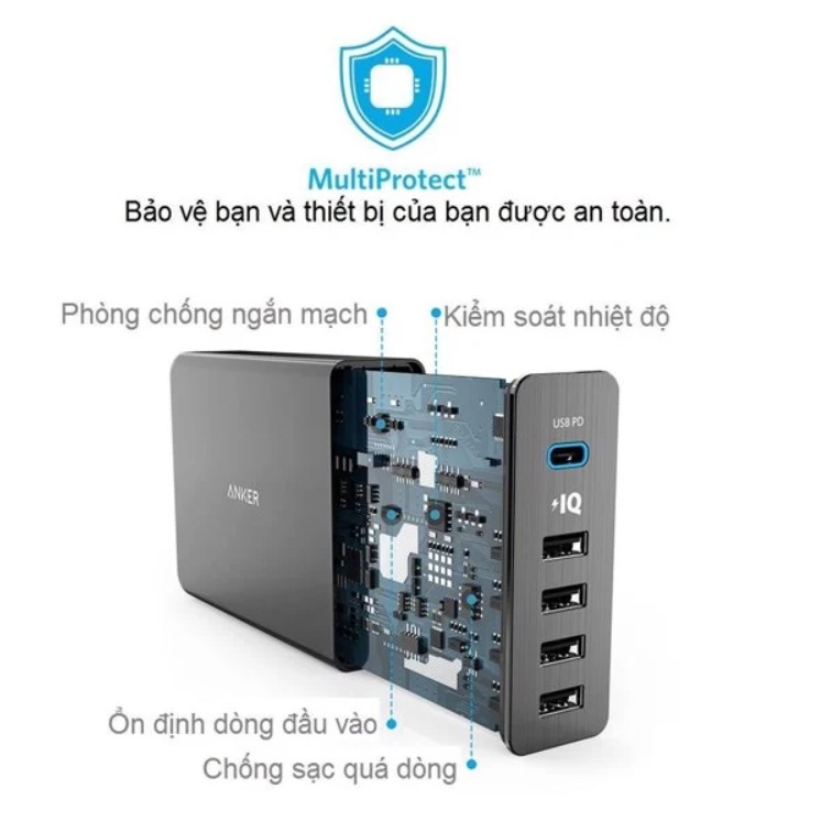 Sạc nhanh Anker 5 cổng 60w PD USB C Power Deliver A2053 cho iPhone iPad Samsung Macbook Laptop IP x xmax 11 12 pro max