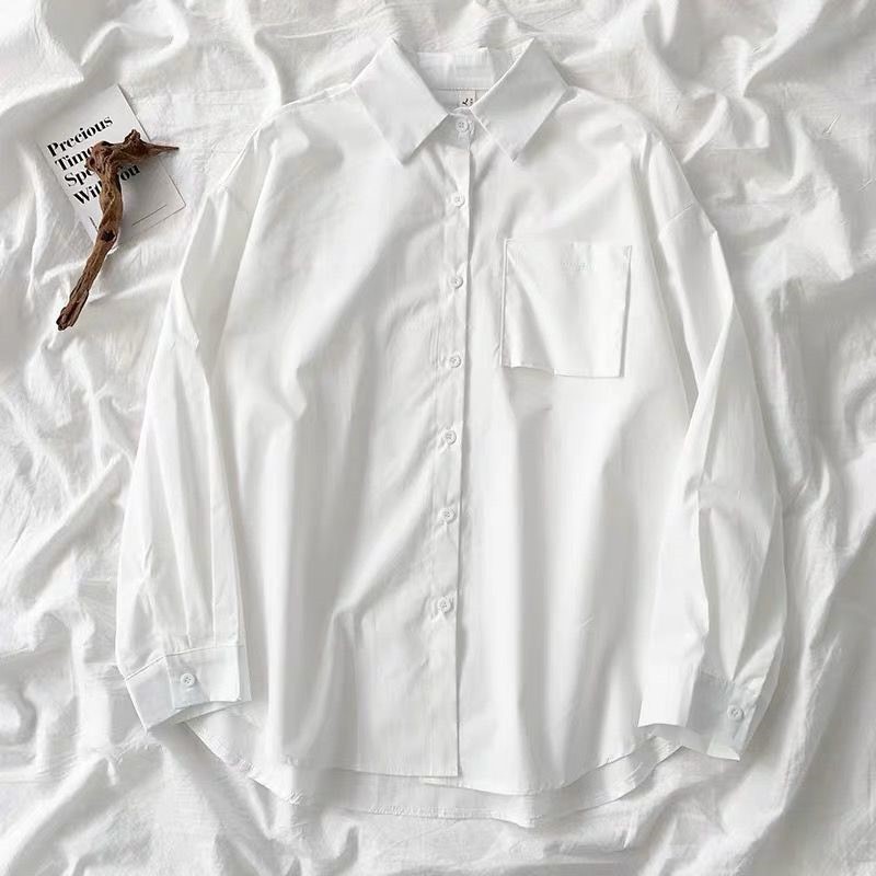 xiaozhaivn [Ảnh thật] Áo sơ mi trắng unisex, sơ mi dáng rộng đủ size nam nũ