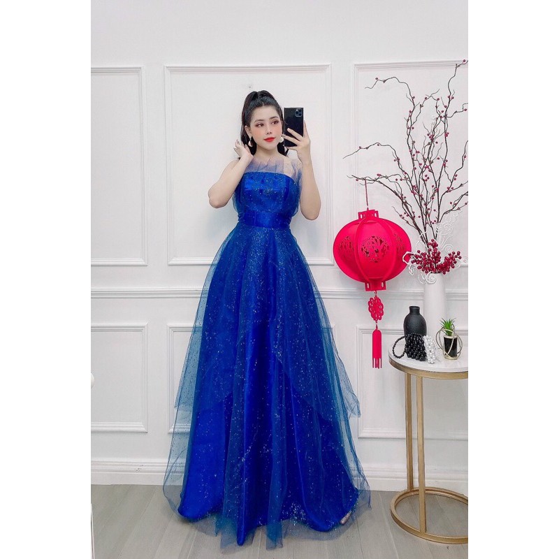 đầm kim tuyến cúp 2 tầng chéo dài