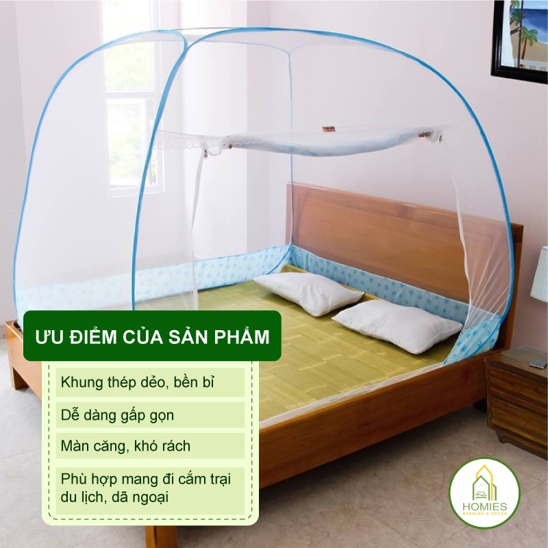 Mùng Chụp Tự Bung HOMIES Đỉnh Vuông Chân Viền Chống Muỗi Cao Cấp