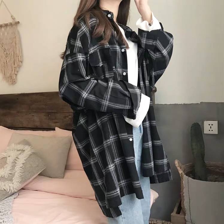 Áo sơ mi SUXI tay dài dáng rộng kẻ sọc caro trẻ trung phong cách Hàn Quốc cho nữ