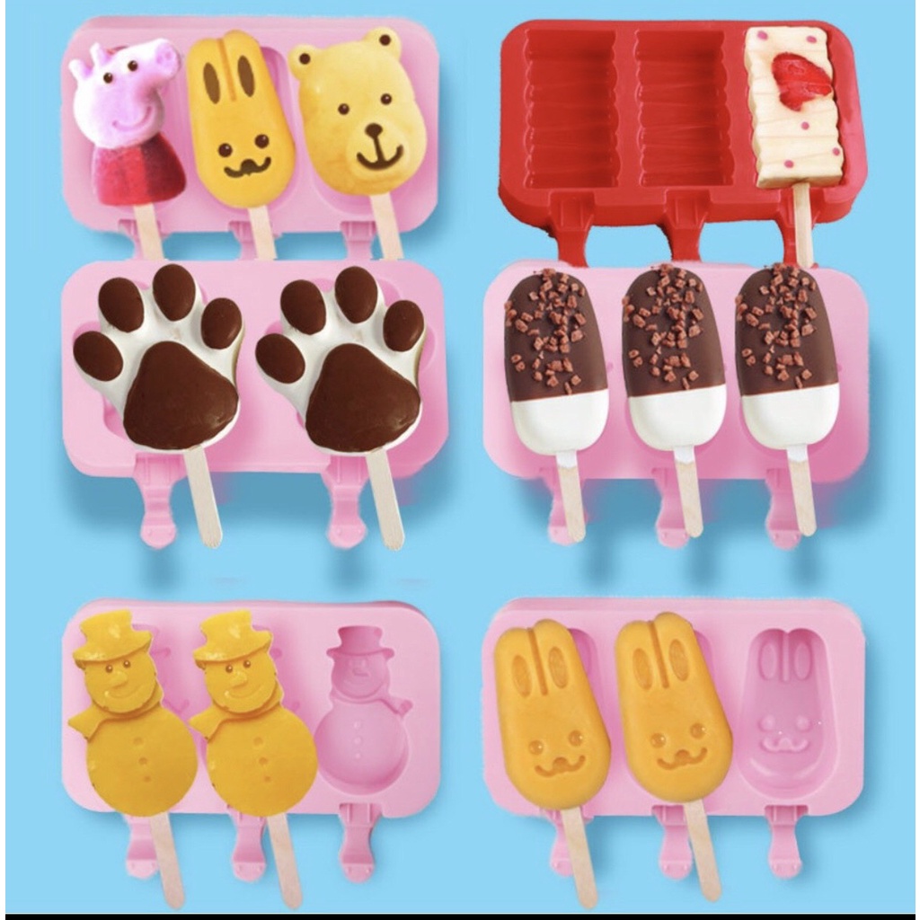 [3 ngăn- 50 que gỗ] Khuôn làm kem bằng Silicon có nắp đậy, thiết kế siêu dễ thương / Giao mẫu Ngẫu Nhiên