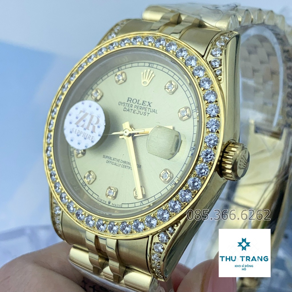 Đồng hồ nam Đồng hồ cơ Rolex mẫu mặt vàng Viền và Tai quai đính đá size 40-41mm
