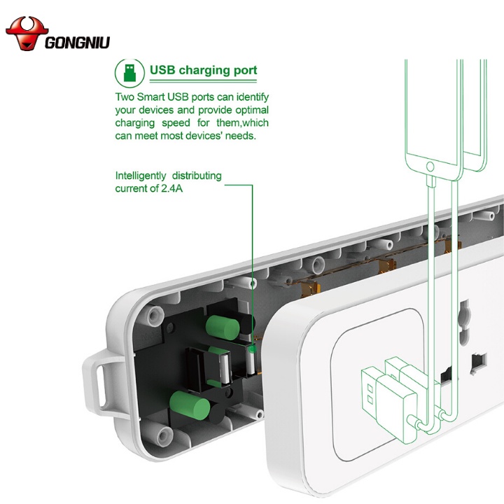 Ổ Cắm Điện Gongniu 3 Ổ Đa Năng + 2 USB 1 công tắc 2500W/10A Dây Dài 1.8m – N103U