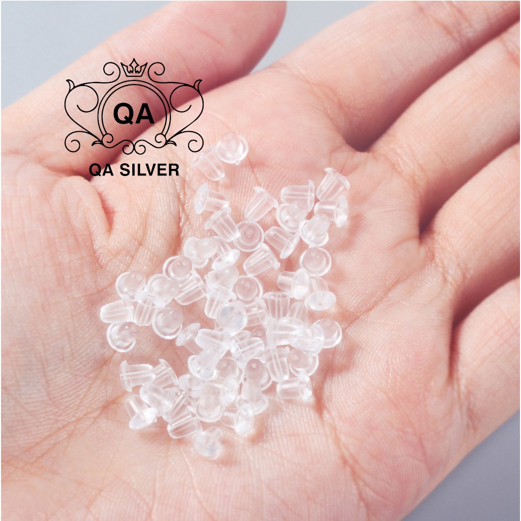Chốt khuyên tai nhựa tròn trong suốt đế bông silicon cao su Bullet Earring Backs QA SILVER AC200604