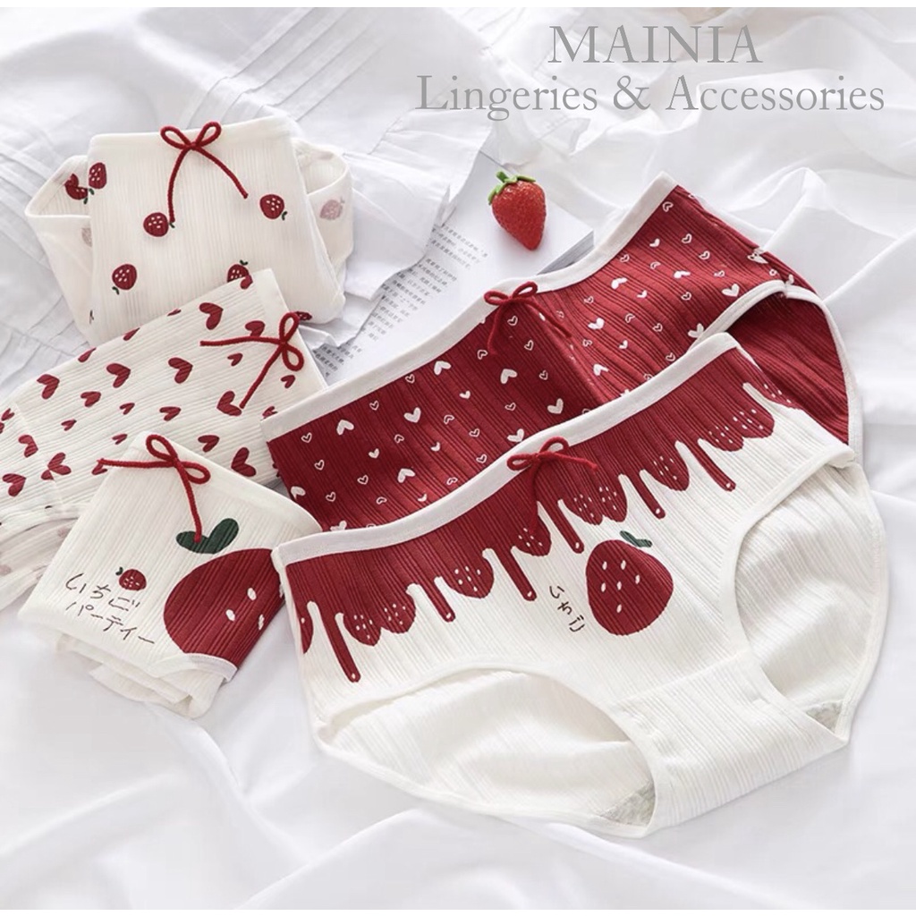 [Có M, Bigsize] Quần Lót Cotton Nữ Màu Trắng Hoạ Tiết Dâu Tim Dễ Thương Mainia Shop