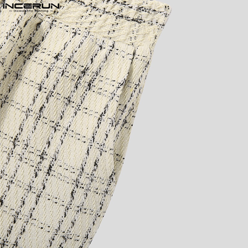 Set đồ INCERUN gồm áo ghi lê và quần short ống rộng họa tiết sọc caro thời trang cho nam