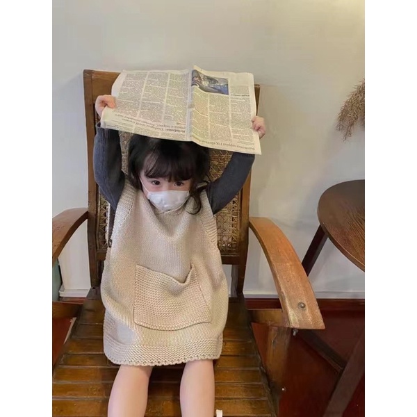 Áo gile len có mũ dáng dài cho bé gái hàng quảng châu