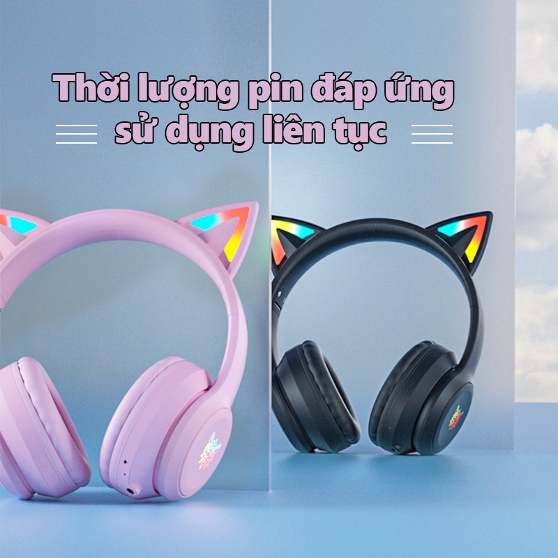 Tai nghe Chụp tai Mèo Không dây Có mic ONIKUMA B90 Màu hồng Bluetooth 5.0 Tay Headphone Gaming Có Đèn RGB, Cho PC Laptop