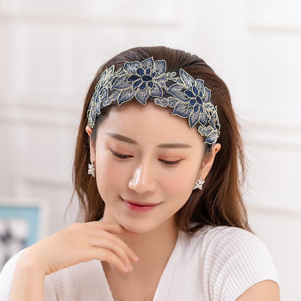 Băng Đô Cài Tóc Bản Rộng Không Trượt Thêu Hoa Phong Cách Hàn Quốc