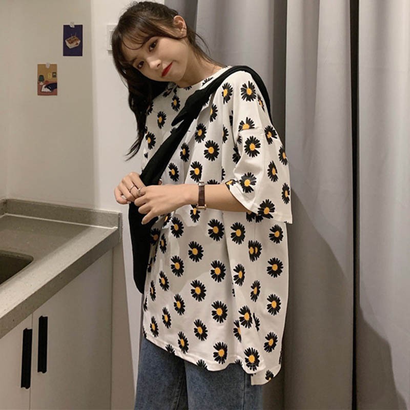 Áo Thun Tay Ngắn Cổ Tròn Hoạ Tiết Hoa Thiết Kế Dáng Rộng Thoải Mái