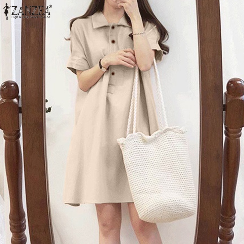 Đầm Zanzea tay ngắn cổ bẻ màu trơn thiết kế đơn giản thời trang cho nữ