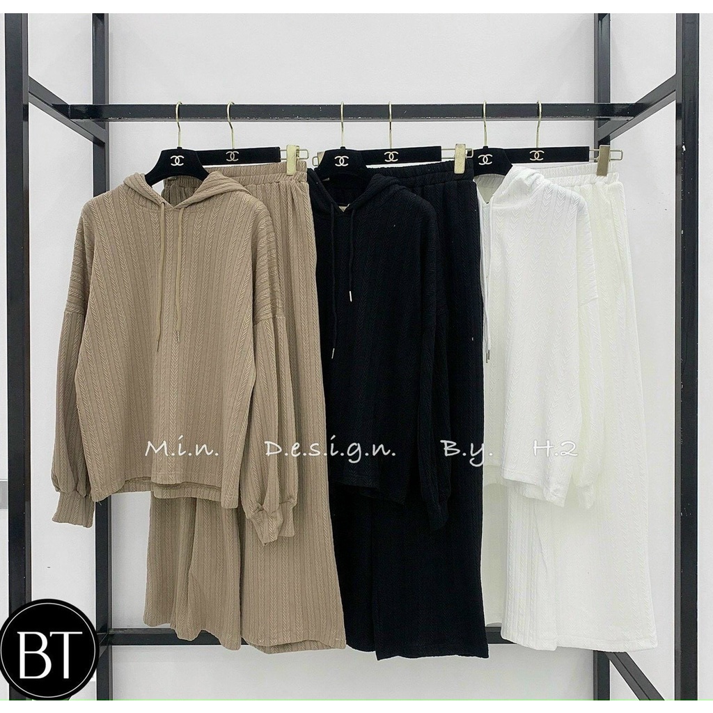 Set Bộ Thu Đông Len Vân Lá Dài Tay Form Rộng Quần Ống Xuông Sang Chảnh