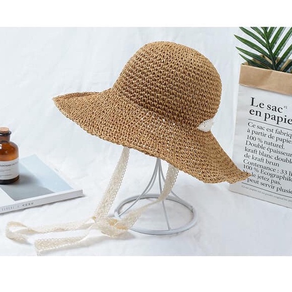 Mũ cói Vintage đi biển vành rộng cột dây ren trắng