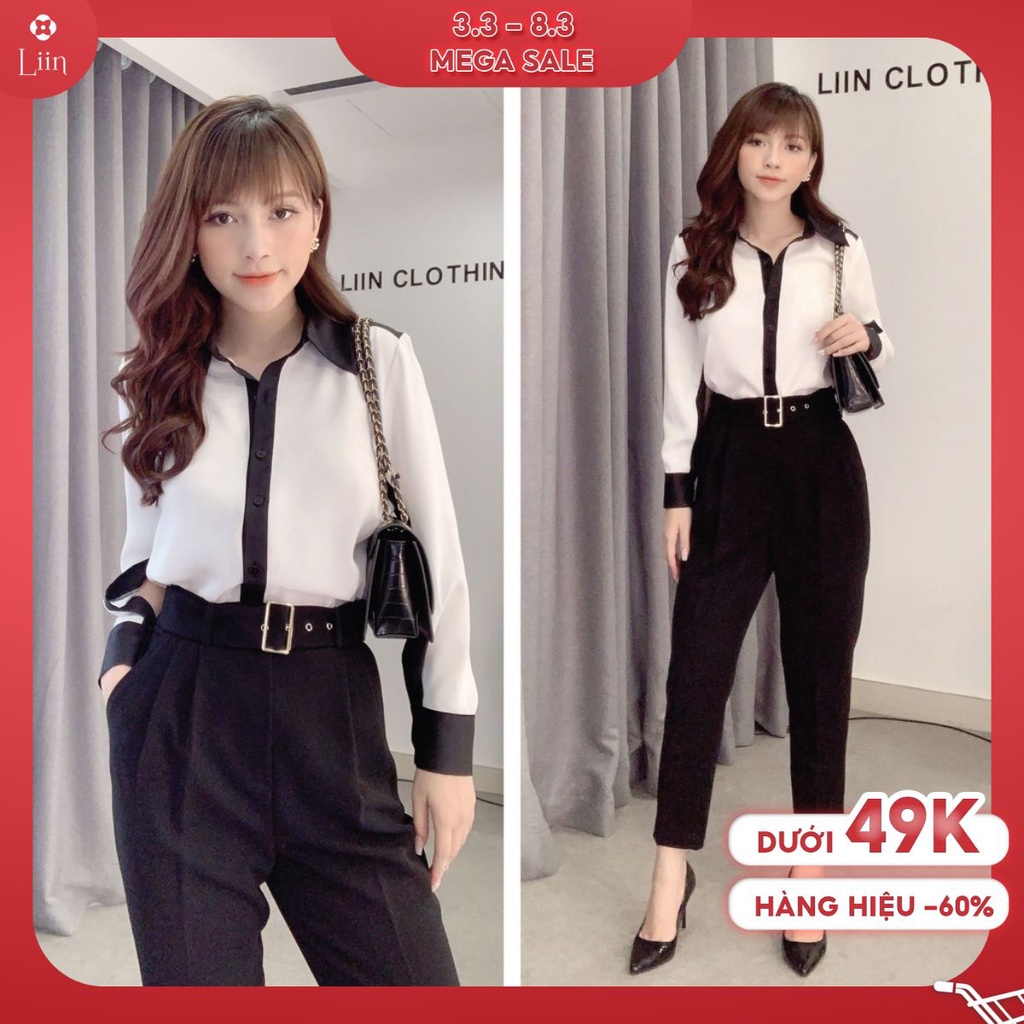 Áo sơ mi nữ cao cấp chất Lụa đẹp, màu Trắng kết hợp Tay Pha viền đen cá tính Liin Clothing SM3125