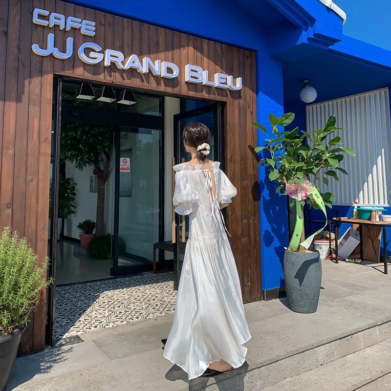 SẴN | Đầm trắng trễ vai hở lưng Vintage tiểu thư chất đẹp hàng Quảng châu