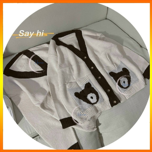 Áo Cardigan Dài Tay Khuy Cài Túi Gấu Dễ Thương Chất Len Mềm Mịn Form Overisze Hanva