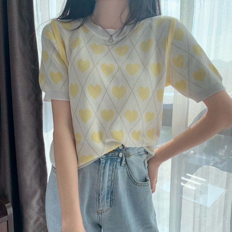 Áo Dệt Kim Tay Ngắn Họa Tiết Màu Sắc Tương Phản Xinh Xắn 185245 Áo Kiểu Hàn Quốc Dáng Ôm Thiết Kế Ngọt Ngào Dễ Phối Đồ