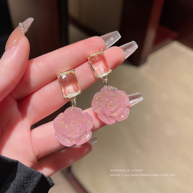 Khuyên Tai Hình Hoa Hồng Đính Đá Pha Lê Phong Cách Pháp Cổ Điển Chất Lượng Cao