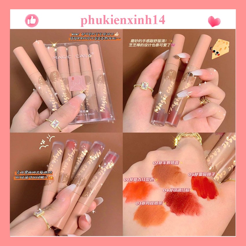 Set 5 Son Kem Lì Magic Casa cực xinh thiết kế vỏ nâu cực xinh bền màu chống nước