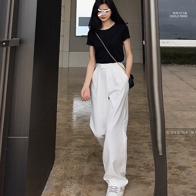 Quần suông trắng nữ Delys - Quần xuông ống rộng cạp cao siêu hack dáng cho nữ