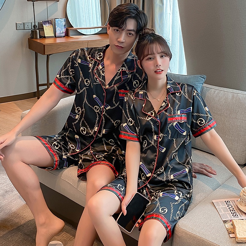 Bộ đồ ngủ tay ngắn vải lụa satin phong cách Hàn Quốc size lớn M-5XL cho nam và nữ