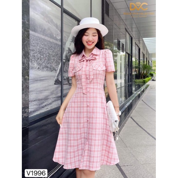 Váy hồng kẻ cổ vest sale 50% v100