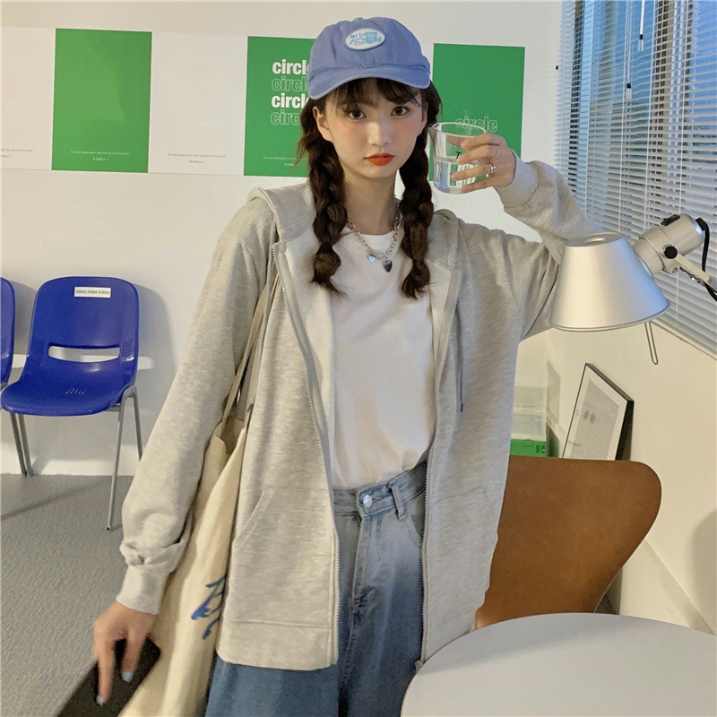 SUXI Áo Hoodie Tay Dài Dáng Rộng Màu Sắc Đơn Giản Cho Nữ