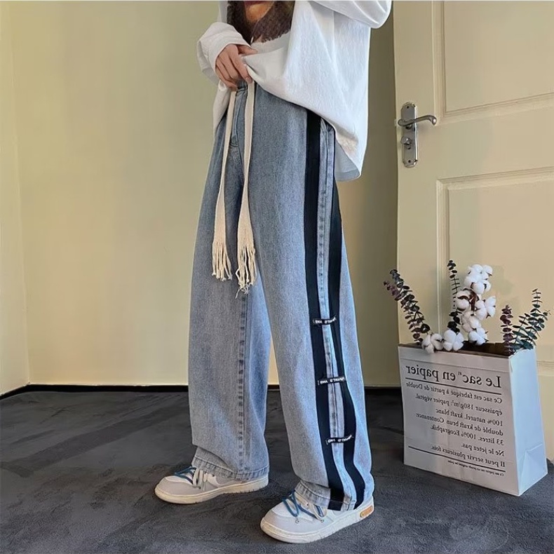 Quần Jean Nam Dài Ống Rộng Họa Tiết Kẻ Sọc Thời Trang Hàn Quốc Cho Nam Và Nữ Quần Jean Sọc Dây Rút Nam