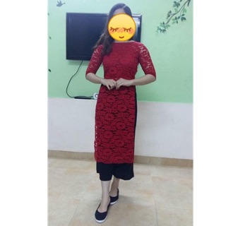 Áo dài cách tân ren tay lỡ kèm quần