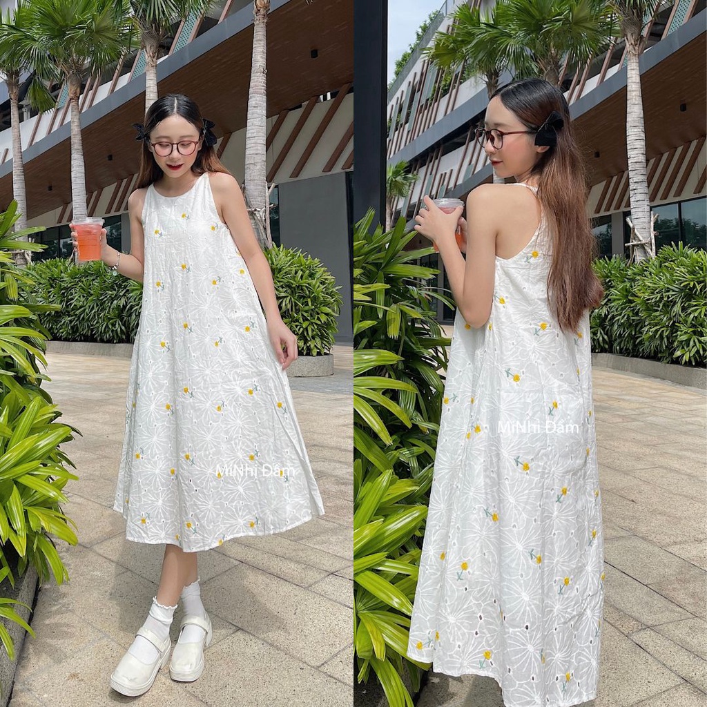Đầm yếm dáng suông form rộng, Váy yếm 2 dây màu trắng Cao Cấp kate thêu hoa nhí, sát nách cổ tròn - MiNhi