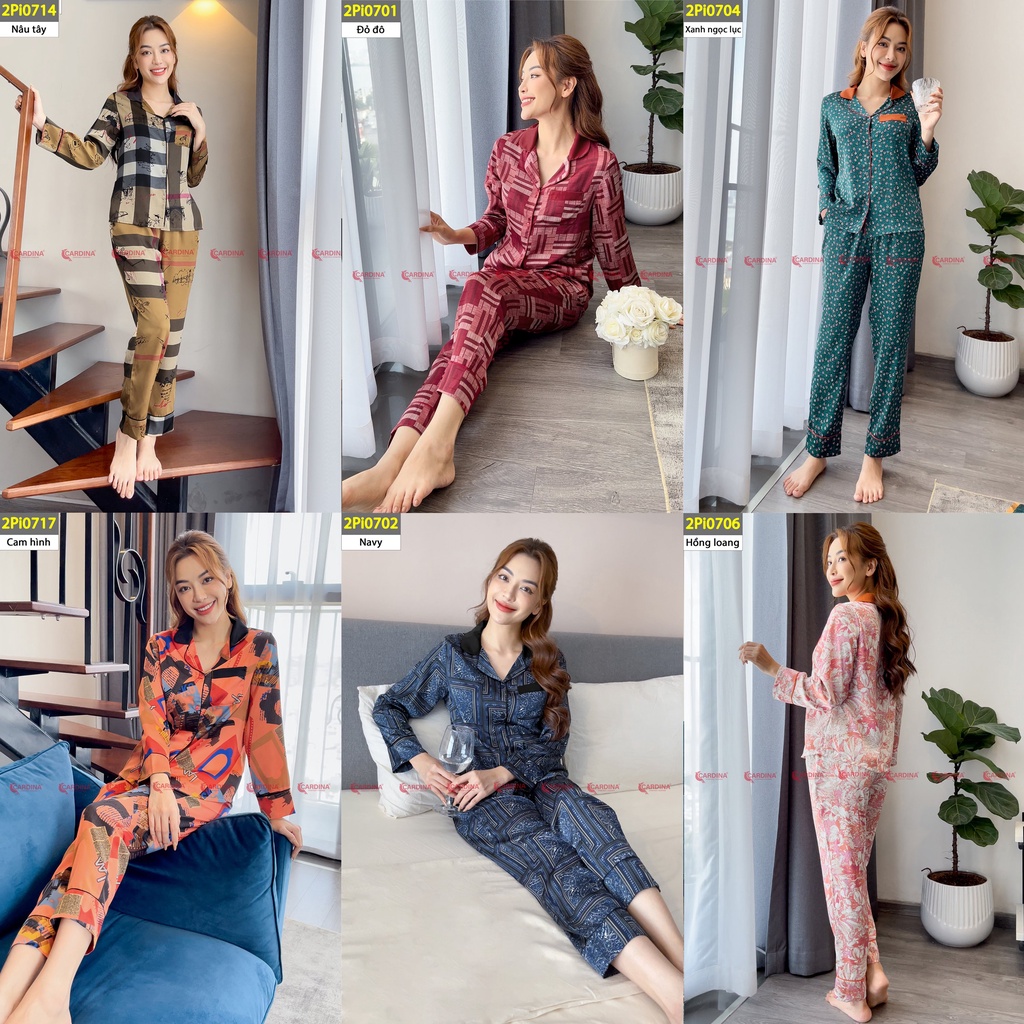 Bộ Pijama Nữ 𝐂𝐀𝐑𝐃𝐈𝐍𝐀 Áo Dài Tay, Quần Dài Chất Lụa Satin Nhật Cao Cấp Mềm Mại, Họa Tiết Trẻ Trung