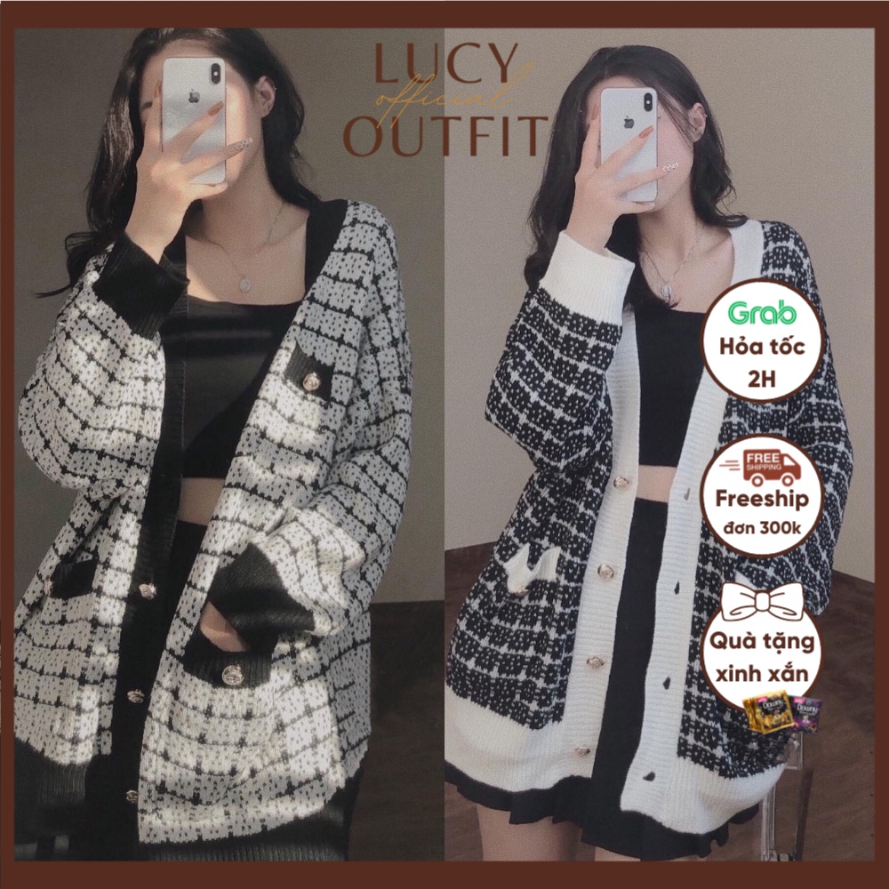 Áo cardigan ziczac gạo viền đen trắng Lucy Outfit thiết kế Áo len nhũ kẻ ô dáng rộng họa tiết Hàn Quốc
