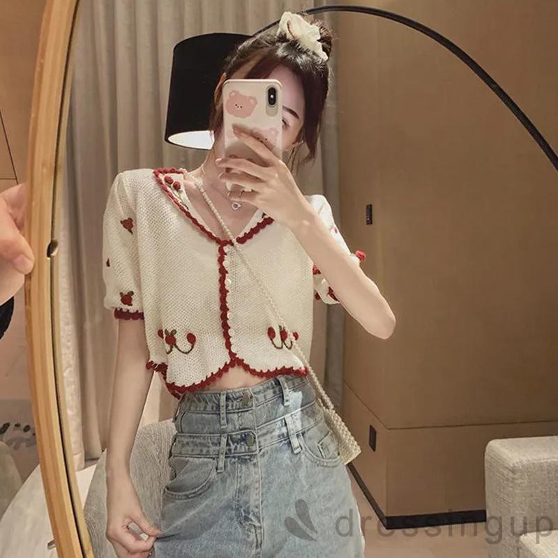 DRE-Ladies V-neck Short Tops, Summer Three-dimensional Flower Pattern Puff Short Sleeve Single-breasted Tops