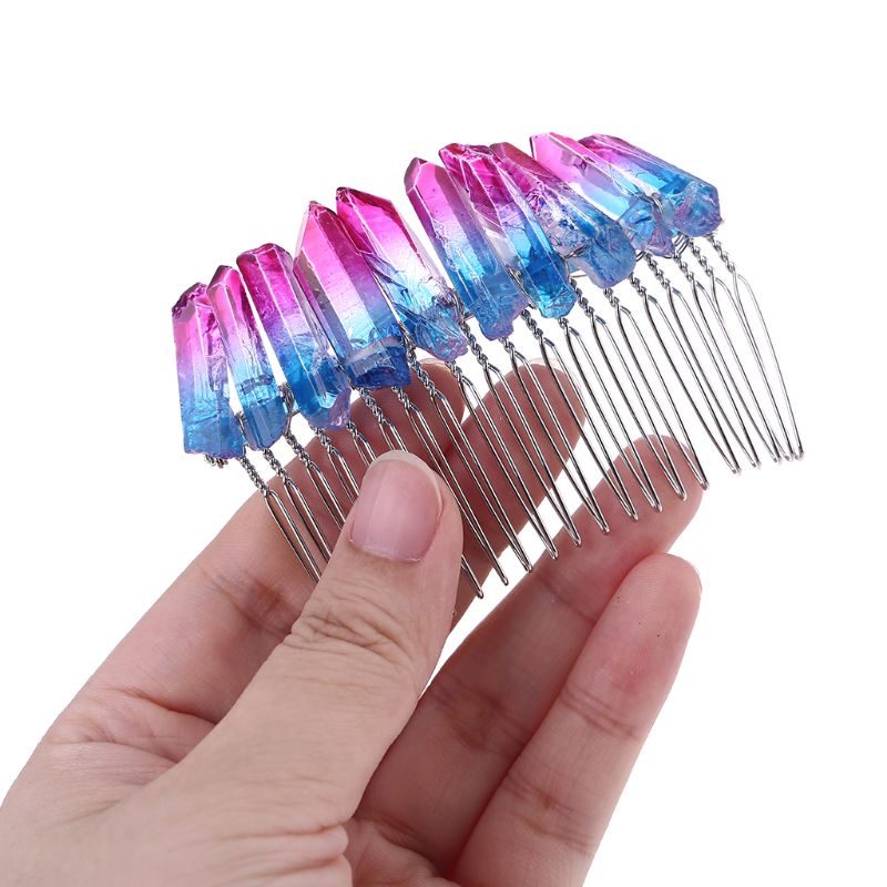 Lược Cài Tóc Mini Đính Đá Thạch Anh Pha Lê Màu Gradient Phong Cách Boho Cho Cô Dâu