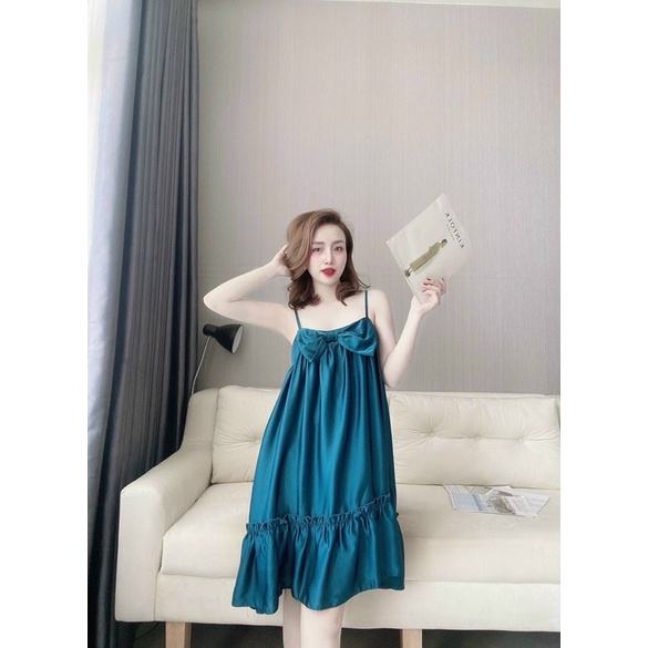 Váy đầm ngủ, đầm lụa 2 dây mặc nhà kèm quần