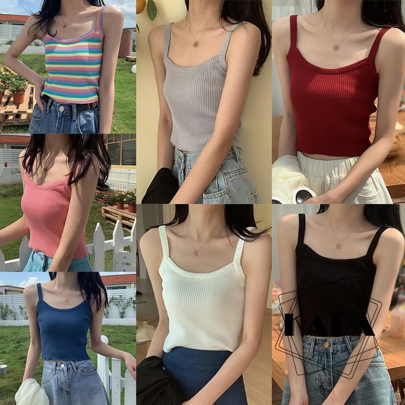 Áo Croptop Dệt Kim Không Tay Màu Trơn Cổ Vuông Quyến Rũ Cho Nữ