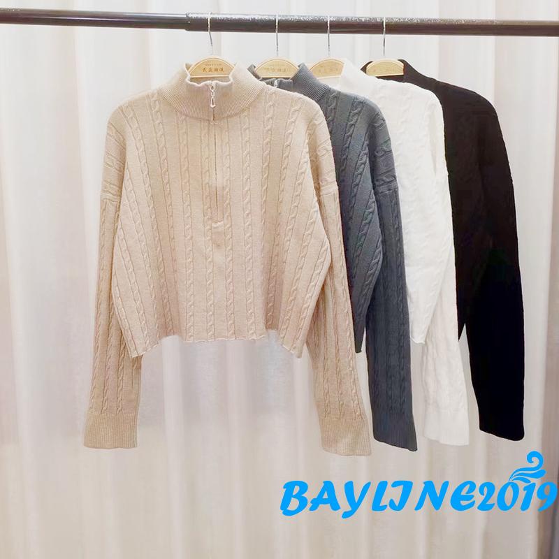 Áo len tay dài cổ cao màu trơn phối khóa kéo thời trang cho nữ